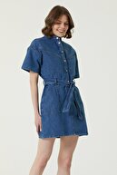 Network Kadın Slim Fit Mavi Dekoratif Dikişli Mini Denim Elbise 1078920