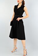 lovebox Esnek Kumaş Kruvaze Gömlek Yaka Kemer Detay Dizaltı Midi Siyah Abiye Elbise 012