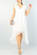 lovebox Volan Detaylı Kruvaze Yaka Beyaz Şifon Abiye Elbise Nikah Elbisesi 62458