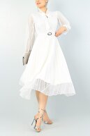 lovebox Pilise Detaylı Kemerli Tasarım Uzun Kollu Beyaz Dantel Abiye Elbise 65550