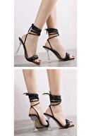 TrendyAnka Kadın Siyah Stiletto Örgü Ipli Şeffaf Topuklu Küt Kare Burunlu Ayakkabı Sandalet Terlik
