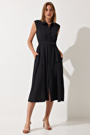 پیراهن تابستانی ویسکوز کتانی کمربند مشکی زنانه DD00927-thumb