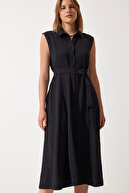 پیراهن تابستانی ویسکوز کتانی کمربند مشکی زنانه DD00927-thumb