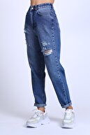 Female Project Kadın Mavi Yırtık Detaylı Yüksek Bel Mom Jeans