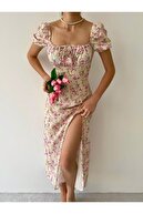 لباس مجلسی گلدار با چاک بلند بژ زنانه-thumb