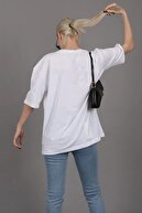 تیشرت پنبه ای یونیسکس سفید یقه گرد اورسایز بافتنی دوست پسر-thumb