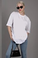 تیشرت پنبه ای یونیسکس سفید یقه گرد اورسایز بافتنی دوست پسر-thumb