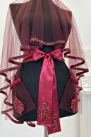 ست چادر عروس شرابی، مهره شیشه ای و پولک دار با چاپ حنا ست 6 تیکه-thumb