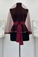 ست چادر عروس شرابی، مهره شیشه ای و پولک دار با چاپ حنا ست 6 تیکه-thumb