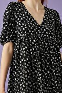 Koton Kadın Çiçekli Siyah Elbise V Yaka Balon Kollu