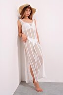 CHUBA Kadın Beyaz New Summer File Örgü Yırtmaçlı Uzun Plaj Elbisesi 21s703