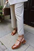 کفش زنانه بلوک پاشنه کوتاه با کلاه ایمنی چرمی قهوه ای ماری جین قهوه ای باز-thumb