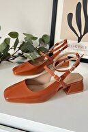 کفش زنانه بلوک پاشنه کوتاه با کلاه ایمنی چرمی قهوه ای ماری جین قهوه ای باز-thumb