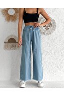 شلوار جین آبی باریک نخی منگوله دار کمر کش ساق کمر زنانه-thumb