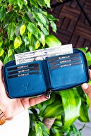 کیف پول یونیسکس آبی بنزینی با زیپ چرم اصل کارول-thumb