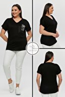 تی شرت تونیک پنبه ای شانه دار سایز بزرگ مدل جدید جیبی آستین کوتاه با یقه V-thumb