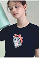 تی شرت زنانه با چاپ گربه ای ناز مشکی-thumb