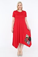 1fazlası Kadın Büyük Beden Asimetrik Kesim Kırmızı Elbise