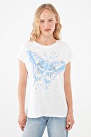 Mavi Kadın Kelebek Baskılı Beyaz Tişört 1601003-620