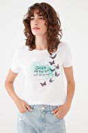 Mavi Kadın Kelebek Baskılı Beyaz Tişört 1601006-620