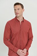 پیراهن کتانی مردانه بورگوندی با ظاهر 100% پنبه ای پارچه ای تنفسی با یقه باریک و باریک-thumb