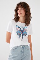 Mavi Kadın Kelebek Baskılı Beyaz Tişört 1601005-620