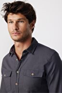 پیراهن دودی یقه اسپرت مردانه اسلیم فیت اسلیم فیت آستین بلند 100% پنبه بافت کتانی-thumb