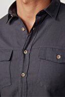 پیراهن دودی یقه اسپرت مردانه اسلیم فیت اسلیم فیت آستین بلند 100% پنبه بافت کتانی-thumb