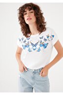 Mavi Kelebek Baskılı Beyaz Tişört 1601002-620