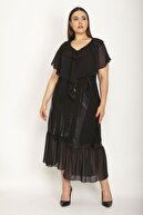 Şans Kadın Siyah Yaka Volanlı Etek Ucu Katlı Astarlı Şifon Elbise 65N26915