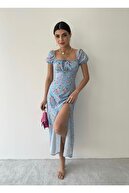 لباس گلدار با چاک بلند آبی زنانه-thumb