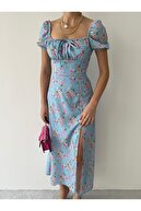 لباس گلدار با چاک بلند آبی زنانه-thumb