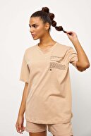 Setre Kadın Bej Baskılı T-shirt Şort Takım