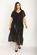 Şans Kadın Siyah Yaka Volanlı Etek Ucu Katlı Astarlı Şifon Elbise 65N26915