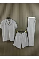 پارچه راه راه آبی دریایی مردانه بسیار راحت مقدار زیادی قالب 3 مجموعه مجموعه تی شرت-کوتاه-پانتولون مجموعه-thumb