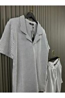 پارچه راه راه آبی دریایی مردانه بسیار راحت مقدار زیادی قالب 3 مجموعه مجموعه تی شرت-کوتاه-پانتولون مجموعه-thumb