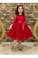 Pumpido Dantelli Kız Çocuk Elbisesi Kırmızı