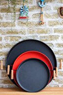 سینی فلزی 3 تکه 45 مشکی، 37 قرمز، 30 مشکی با دسته های چوبی ست سینی ارائه سینی چای-thumb