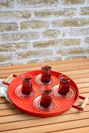 سینی فلزی 3 تکه 45 سفید، 37 قرمز، 30 مشکی با دسته های چوبی ست سینی ارائه سینی چای-thumb