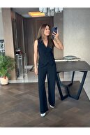 جلیقه آستر پارچه کتانی مشکی زنانه فاق بلند کت شلوار Palazzo 9257-thumb