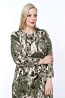ŞENZADE Kadın Yeşil Viskon Kumaş Baskı Desen Büyük Beden Elbise