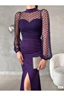 لباس مجلسی شب ماکسی با یقه یقه اسکی زنانه با جزئیات چاک سایز بزرگ-thumb