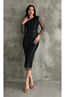 زن سیاه پولا سیاه جزئیات آستین لاله شفاف آستین روکش شده-thumb