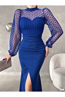 لباس شب ماکسی ساکس زنانه یقه یقه اسکی با جزییات چاک بزرگ سایز بزرگ-thumb