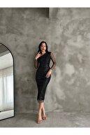 زن سیاه پولا سیاه جزئیات آستین لاله شفاف آستین روکش شده-thumb