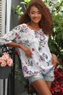 Chiccy Kadın Beyaz Italyan Bahar Dalı Desenli Sıfır Yaka 3/4 Kol Dokuma Oversize Bluz M10010200bl95037