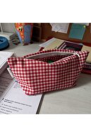 جا مدادی تک چشمی زیپ قابل شستشو Gingham قرمز مداد کیف کیف لوازم آرایش-thumb