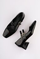 کفش زنانه مری جین مشکی چرمی مشکی پشت بسته، کلاه ایمنی پاشنه‌دار بلوک کوتاه-thumb