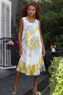 Chiccy Kadın Sarı Italyan Kolsuz Pullu Batik Desenli Etek Ucu Dokuma Fırfırlı Elbise M10160000el94514