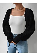 لباس بافتنی بافتنی راگلان آستین Bolero Cardigan سبک کره ای 4 فصل سیاه-thumb